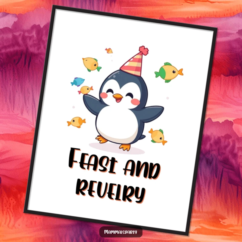 Funny digital art print of a cheerful penguin juggling fish in a party hat, capturing a festive mood.
