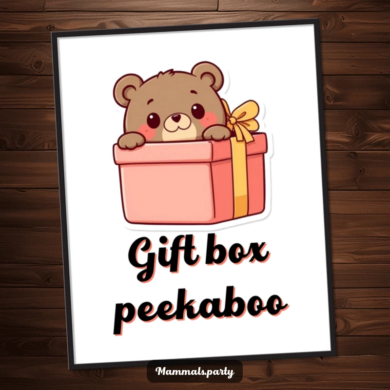 Funny Bear Digital Art: A dynamic illustration of a curious bear excitedly peeking from behind a giant gift box, capturing playful anticipation.