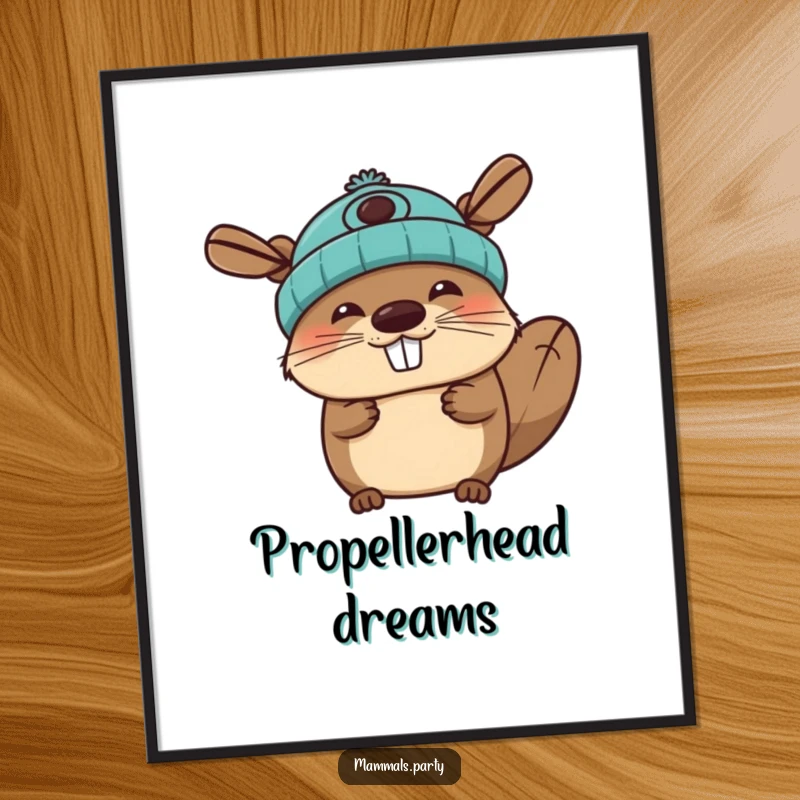 Funny beaver digital art print of a joyous character wearing a propeller beanie, creating cheerful and humorous wall art.