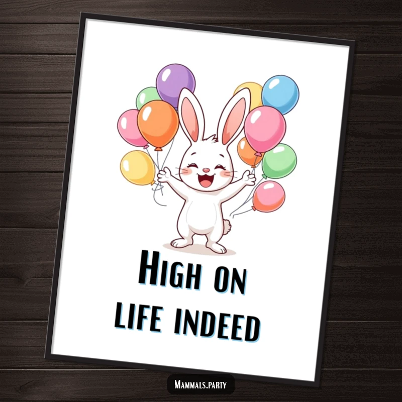 Funny digital art print of a happy bunny character juggling a variety of colorful balloons, ideal for adding playful decor.