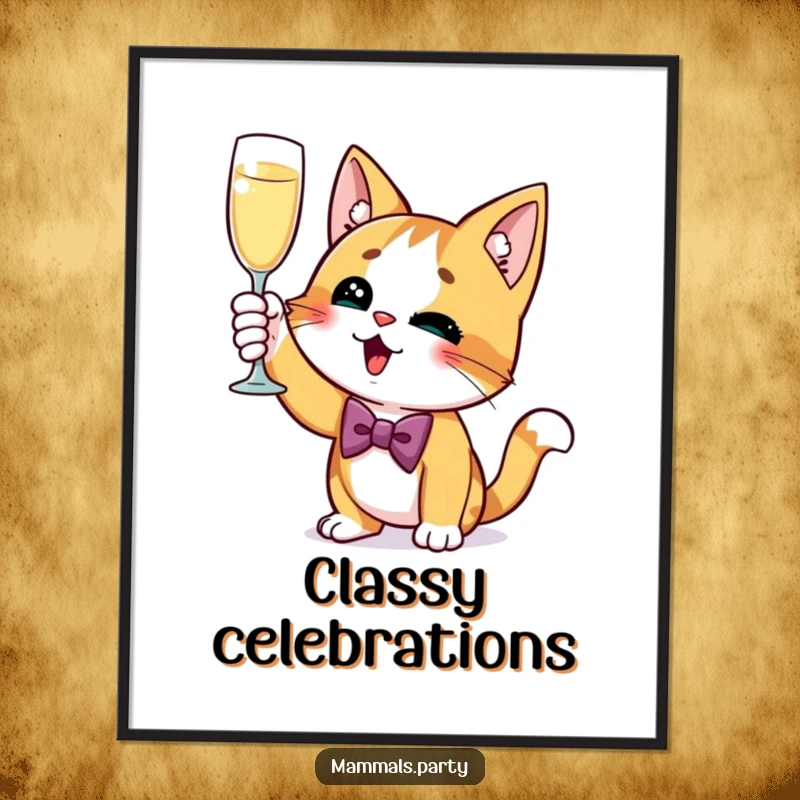 Funny Cat Digital Art Print showing a curious cat in a bow tie, excitedly raising a champagne glass, embodying sophisticated celebration.