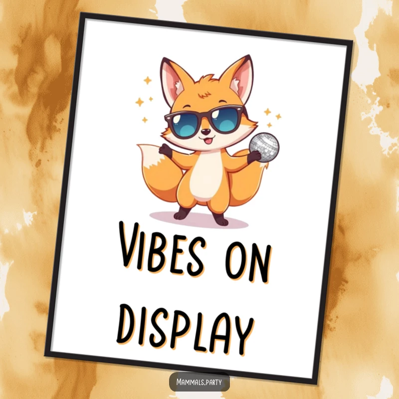 Funny digital art print of a dancing fox in sunglasses with a disco ball, capturing immediate joy and energetic party vibes.