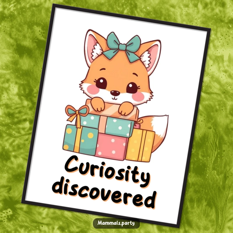 Funny Fox Digital Art Print: A playful fox peeks from behind wrapped presents, offering instant charming wall decor.