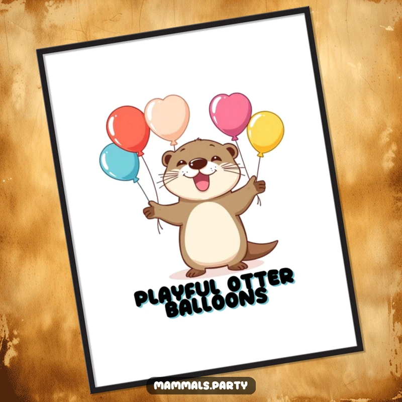 Funny digital art print of a playful otter character juggling colorful balloons, embodying skill and pure joy.