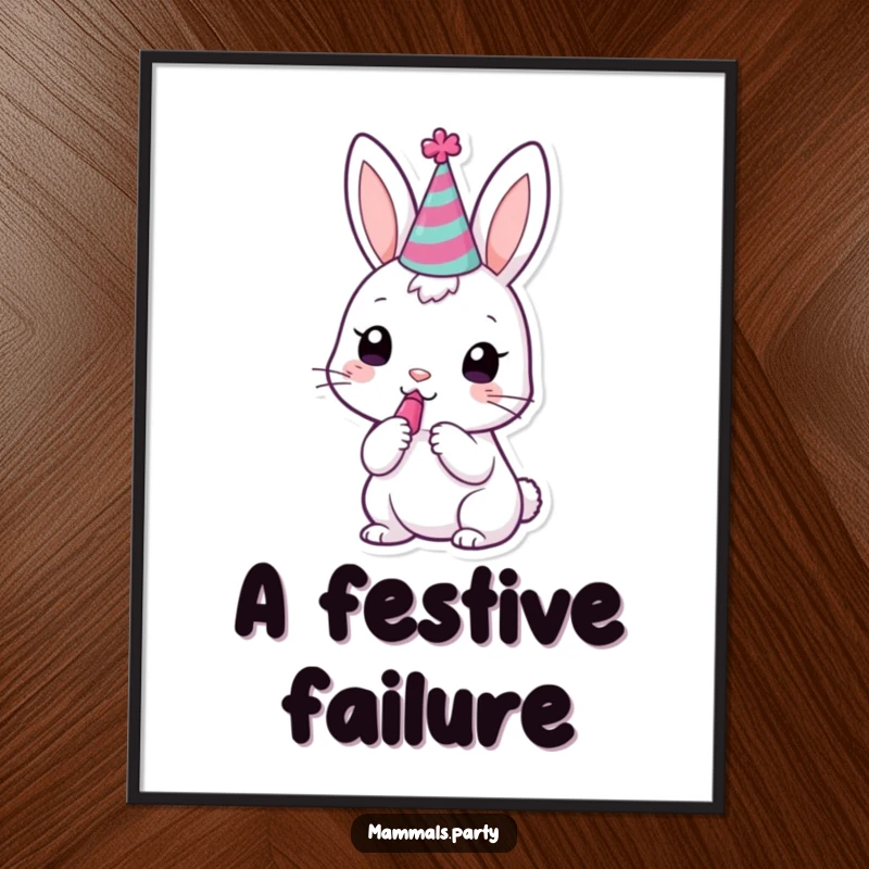 Funny kawaii bunny wearing a tiny party hat, trying to blow a noisemaker, a digital art piece.