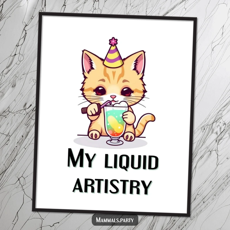 Funny kawaii cat in party hat mixing a colorful drink, available as a humorous digital art print for instant decor.
