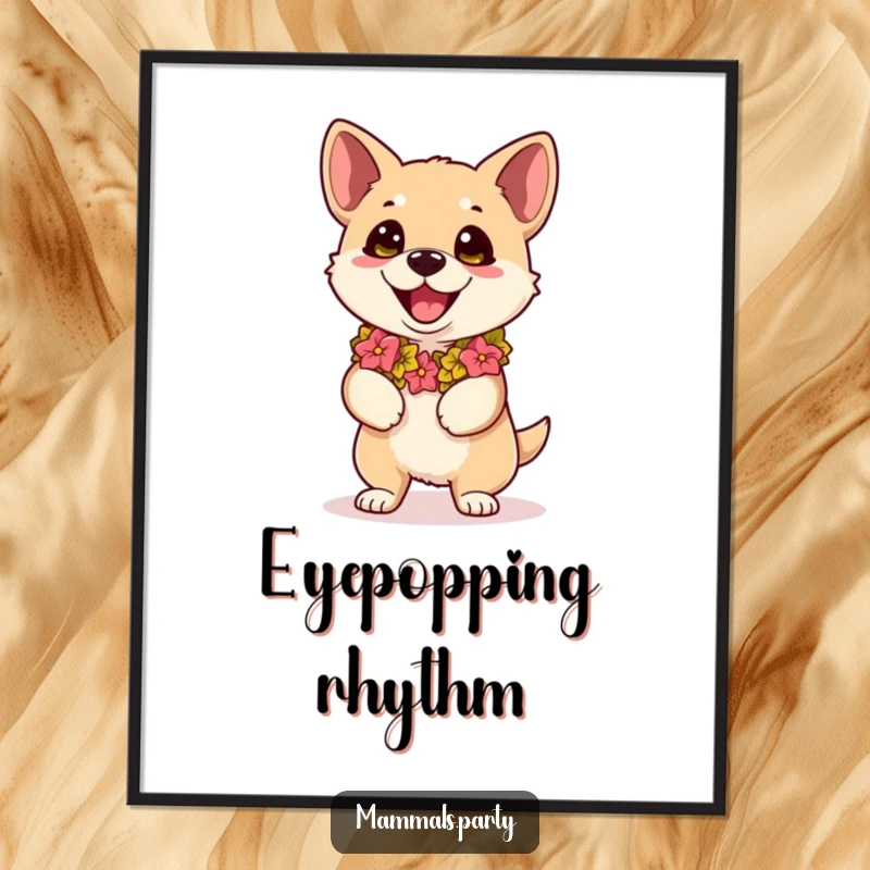 Funny kawaii dog wearing a lei, eyes wide with dance excitement, as a vibrant digital art print for humorous decor.