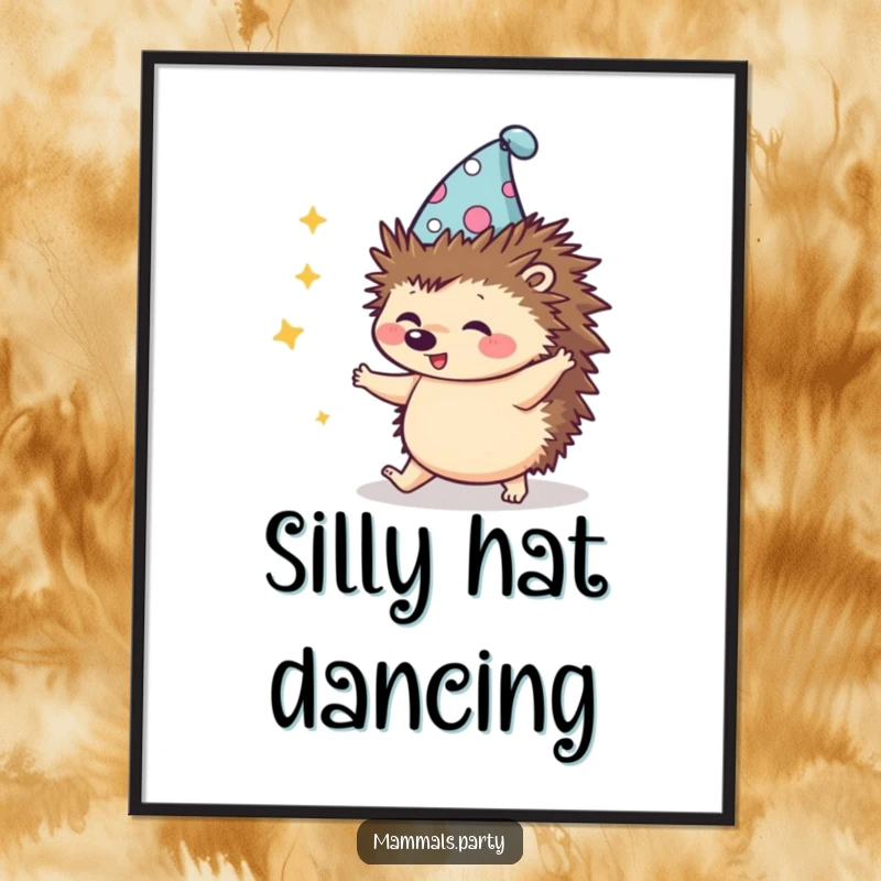 Funny Kawaii Hedgehog in a silly hat, mid-clumsy dance, a digital art print for instant whimsical and humorous wall decor.