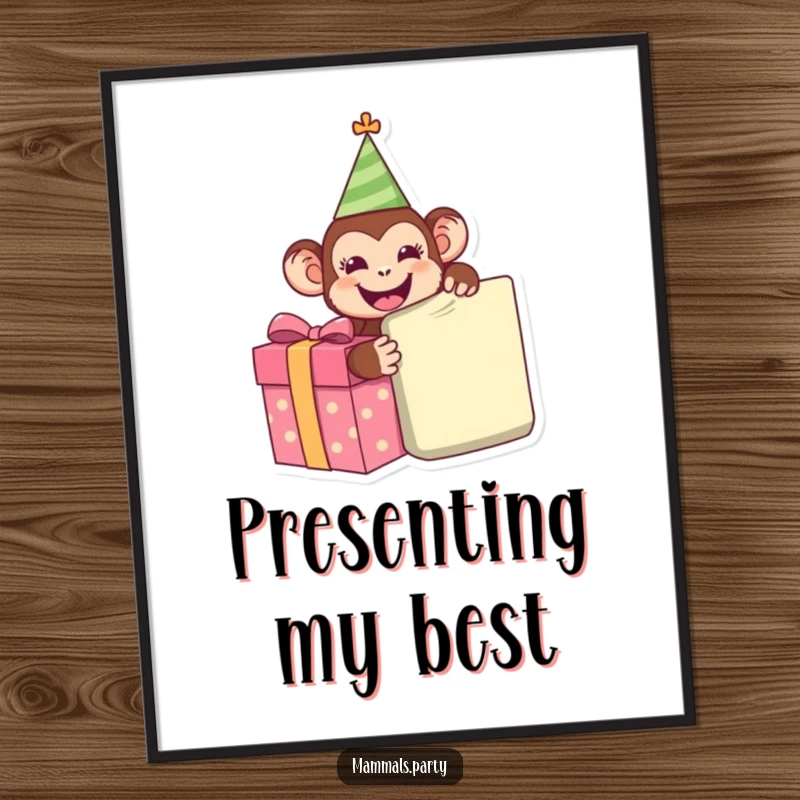 Funny Monkey Digital Art Print showing a happy monkey in a party hat, eagerly unwrapping a giant present, capturing pure celebratory excitement.