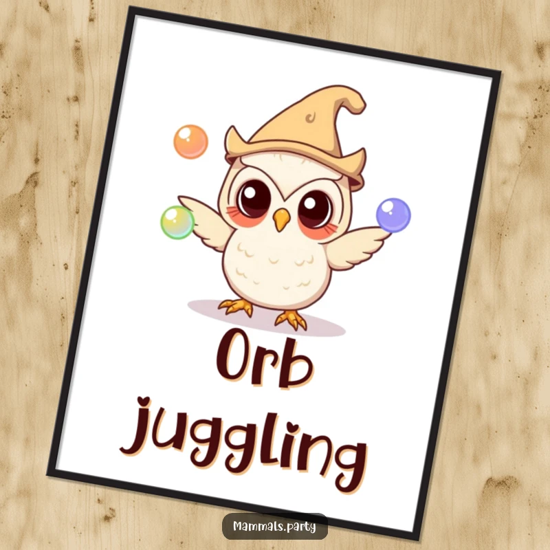 Funny owl character in a silly hat juggling glowing orbs, presented as a digital art print for enchanting and humorous decor.