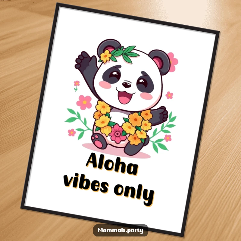 Funny Panda Digital Art: A kawaii panda wearing a lei, swaying happily, instantly bringing tropical vibes and joy to your space.