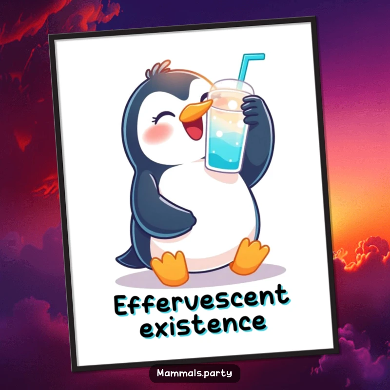 Funny digital art print of a happy penguin raising a fizzy drink cup, radiating pure and infectious celebratory joy.