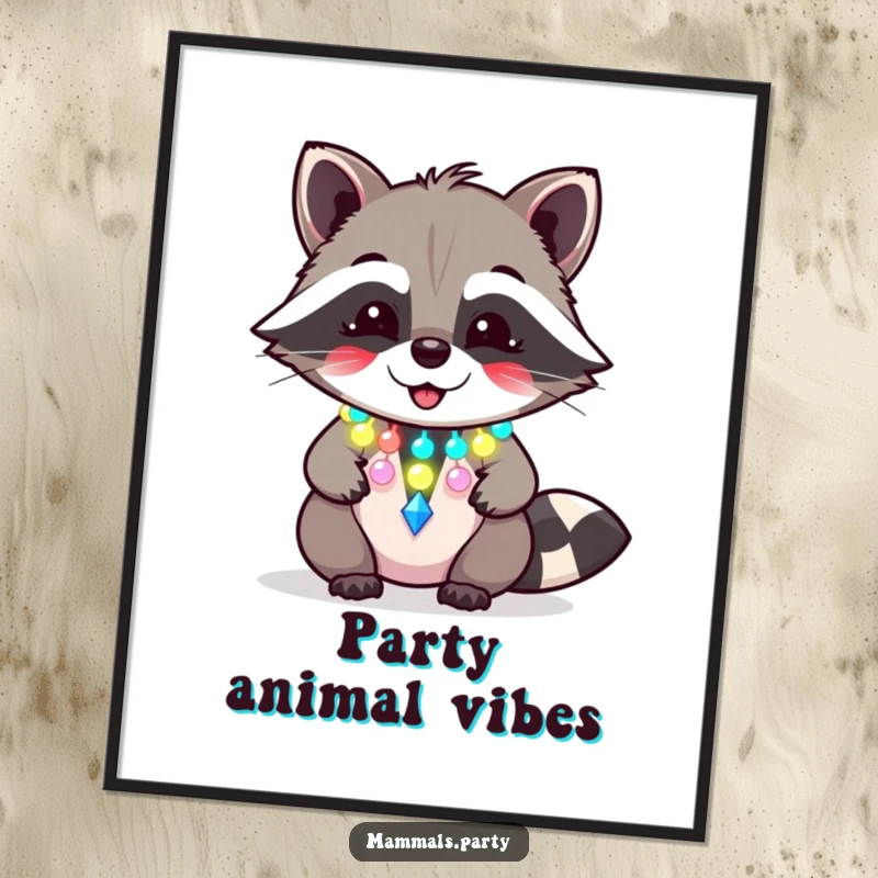 Funny raccoon digital art print of a giggling character with a flashing party necklace, creating festive and humorous wall art.