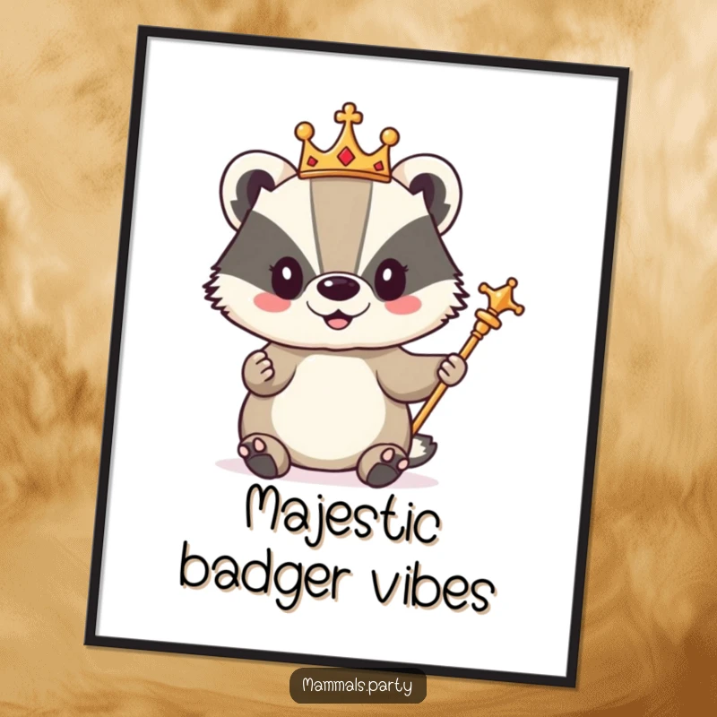 Funny digital art print of a cute badger character wearing a small crown and holding a scepter, looking regal and amusing.