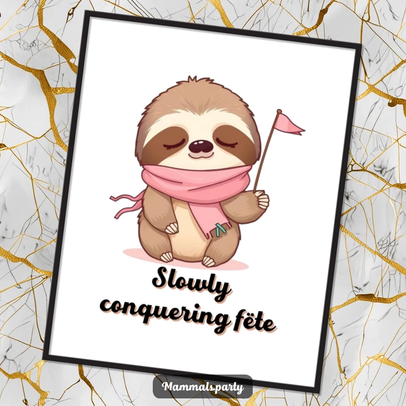 Funny digital art print of a sleepy sloth in a party streamer scarf, waving a tiny flag, exuding calm.