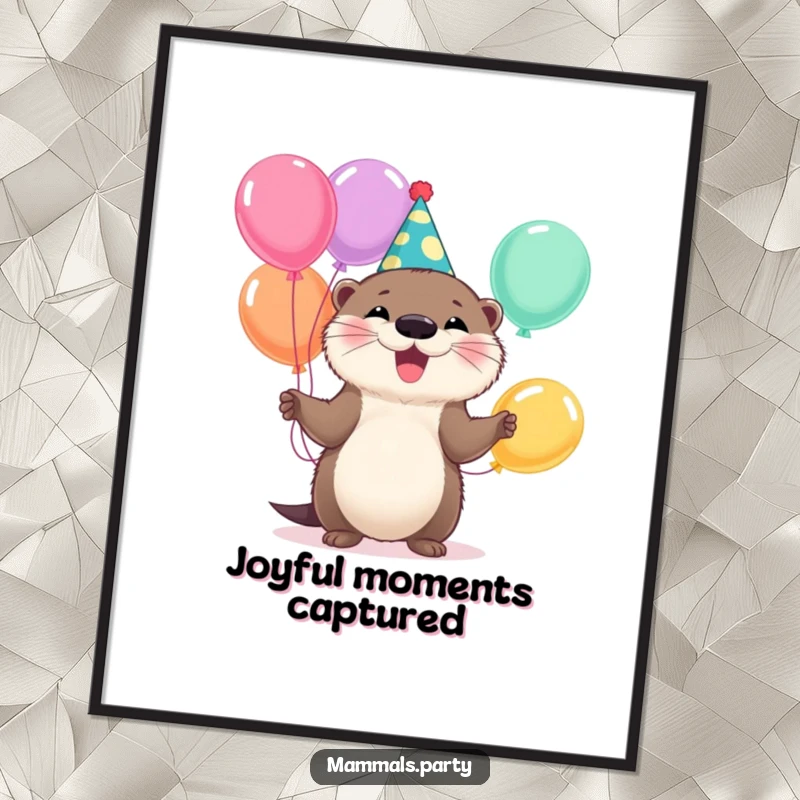 Funny Otter Digital Art Print: A fluffy otter in a party hat juggles colorful balloons, offering instant festive wall art.