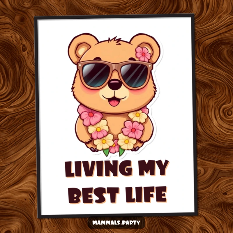 Funny digital art print of a curious bear character in oversized sunglasses and a lei, offering instant humorous and stylish decor.