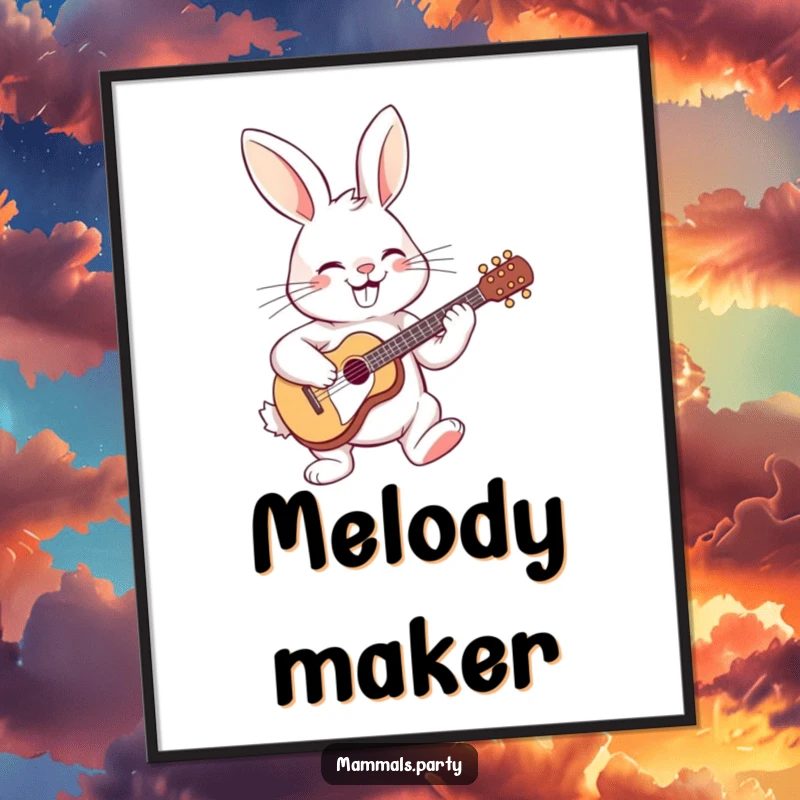 Funny digital art print of a grinning rabbit playing a small guitar, capturing immediate musical joy and lighthearted fun.
