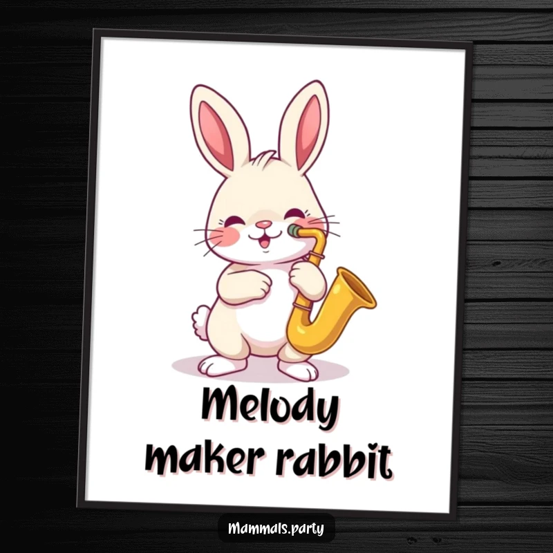 Funny digital art print of a cheerful rabbit playing a saxophone, surrounded by musical notes, embodying pure jazz joy.