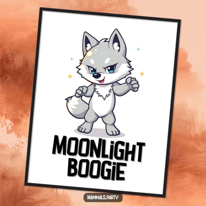 Funny wolf digital art print of a determined character disco dancing with a shiny ball, creating energetic, humorous wall art.