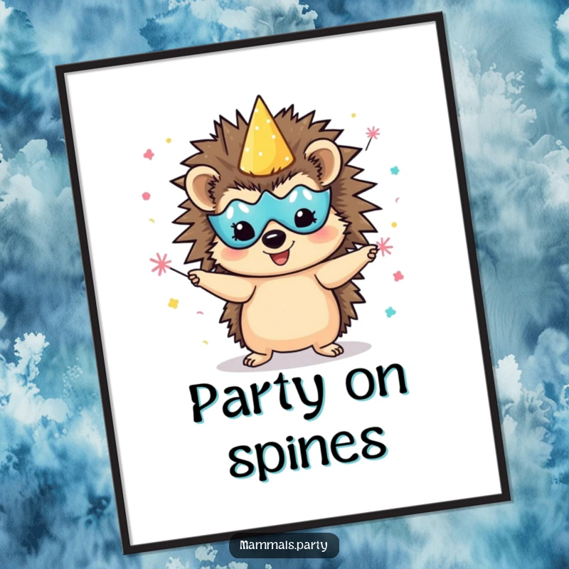Funny delighted hedgehog digital art print, wearing a party mask and juggling confetti poppers, ready to download and spread cheer.