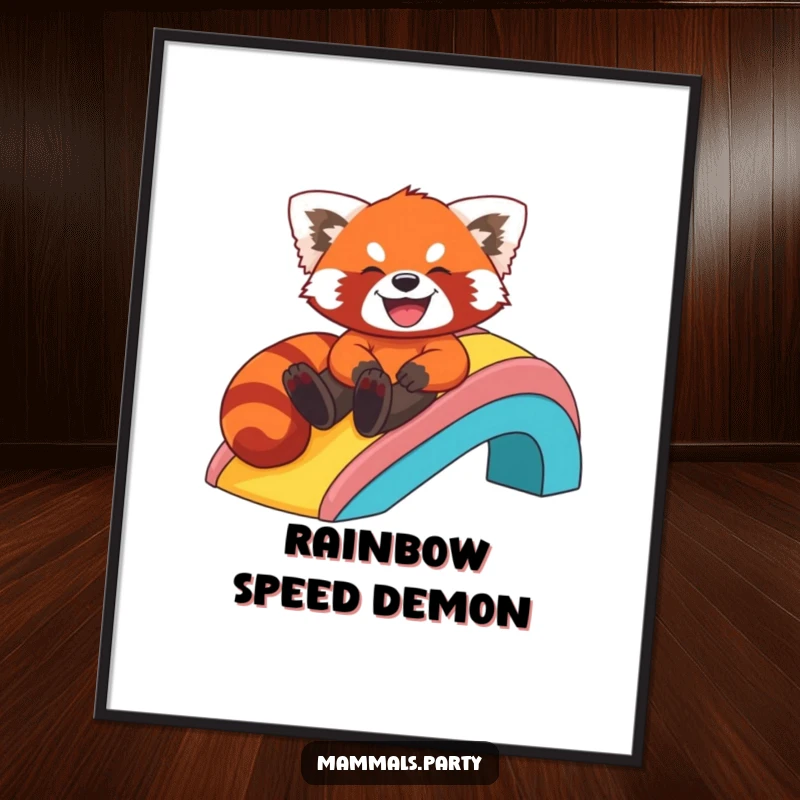 Funny digital art print of a red panda joyfully sliding down a vibrant rainbow, capturing pure laughter and fun.