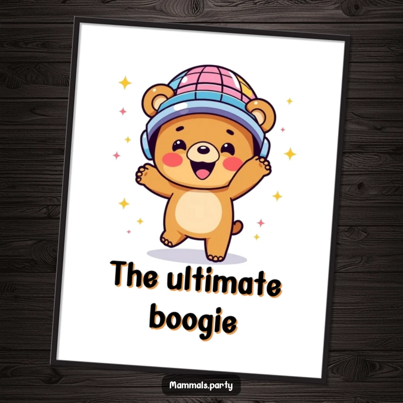 Funny digital art print of a happy bear dancing energetically in a disco ball helmet, capturing retro fun.