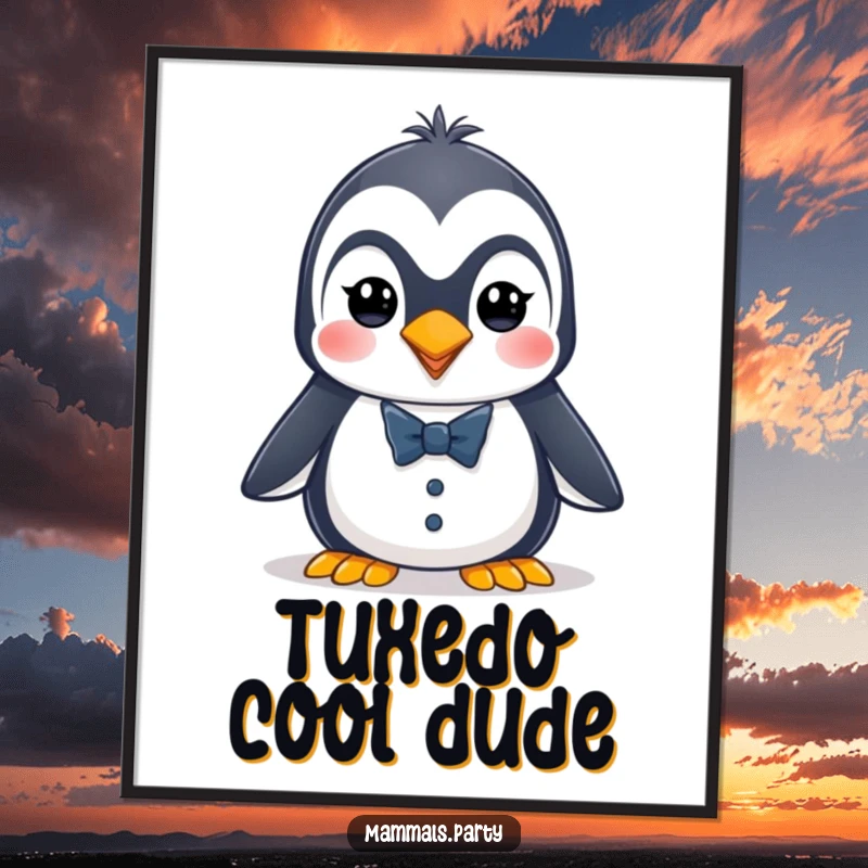 Funny penguin digital art print of an energetic character in a tiny tuxedo, creating dapper and humorous wall art.