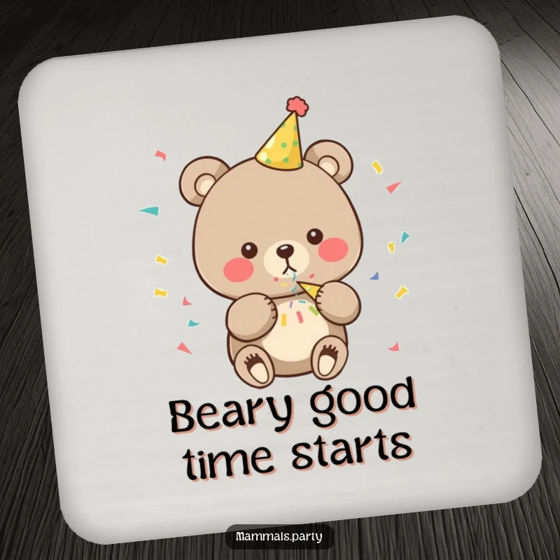 Funny bear coaster featuring a cute character in a party hat, blowing confetti, protecting surfaces with festive humor.