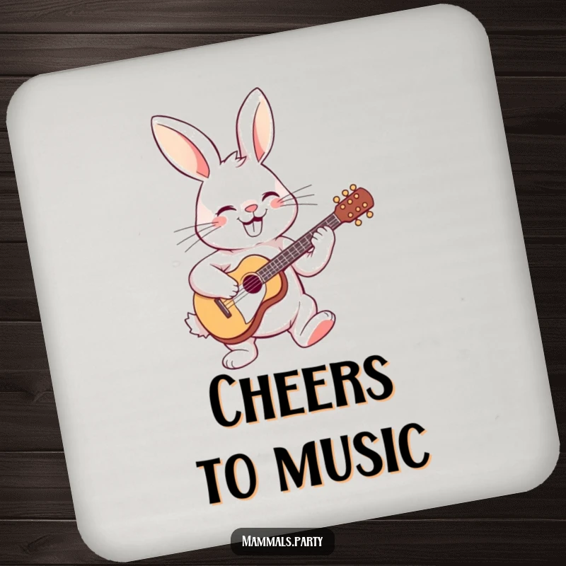 Funny coasters featuring a grinning rabbit playing a miniature guitar, adding a touch of humor and musicality to drink surfaces.