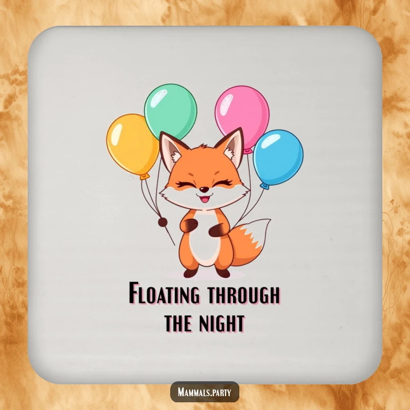 Funny kawaii fox with a sly grin, juggling colorful balloons, on protective drink coasters.