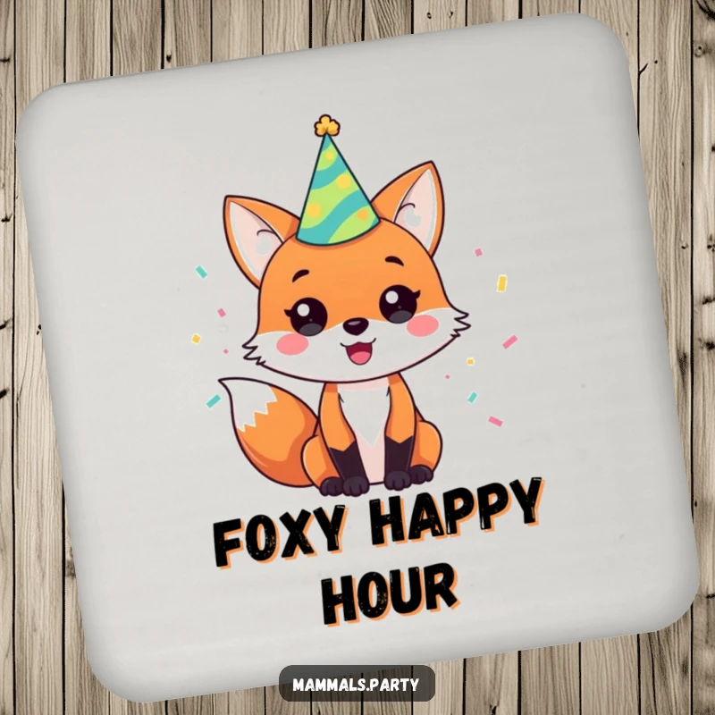 Funny coaster featuring a happy fox character wearing a party hat with confetti, ready to add some cheer.