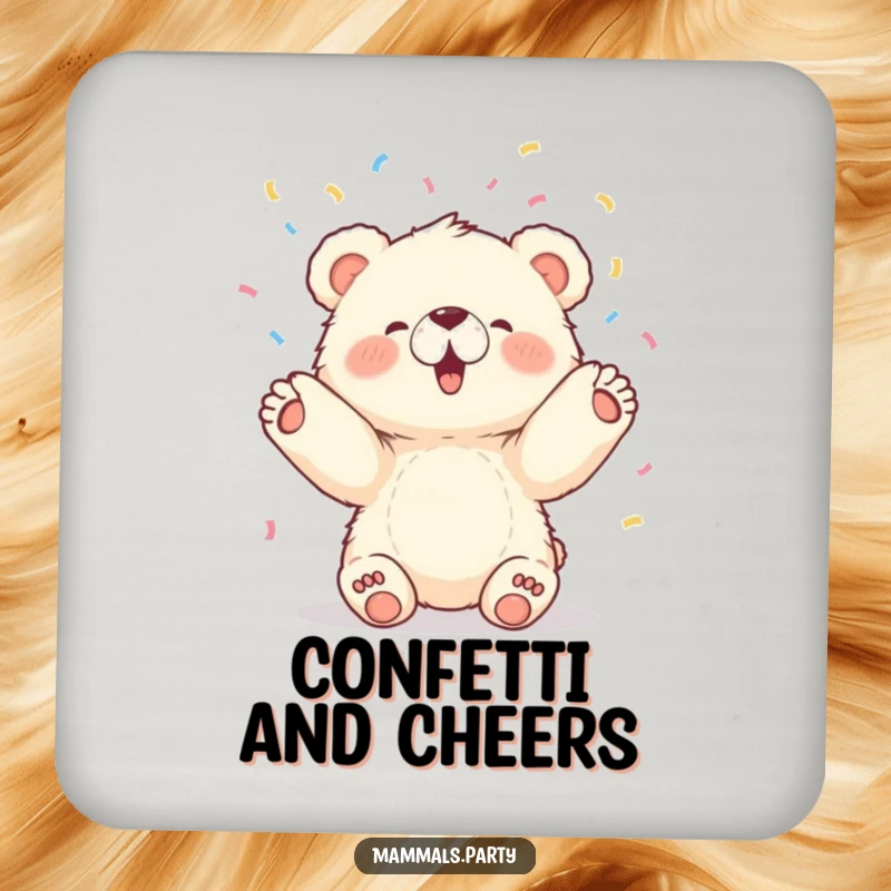Funny drink coaster with a fluffy bear cub character joyfully tossing confetti, bringing a festive touch to any surface.