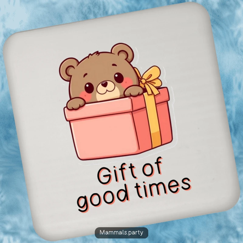 Funny Bear Coaster: A curious bear peeks from behind a gift box, bringing playful mystery and surface protection to your home decor.