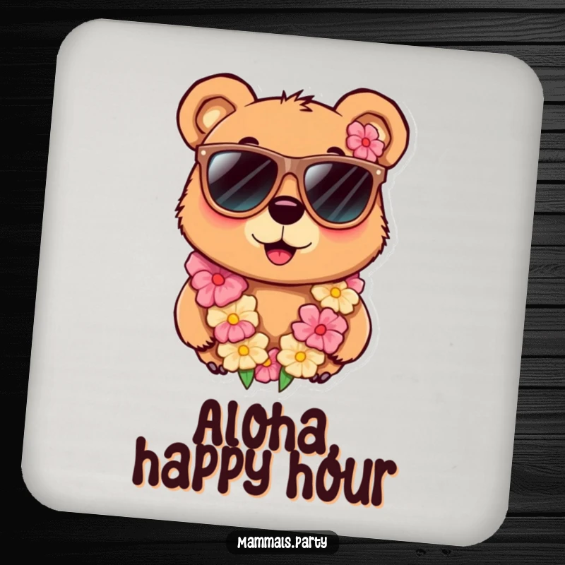 Funny drink coaster showcasing a curious bear character with oversized sunglasses and a lei, providing humorous surface protection.