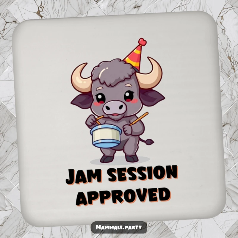 Funny buffalo character in a party hat playing air drums, protecting surfaces with this humorous drink coaster.