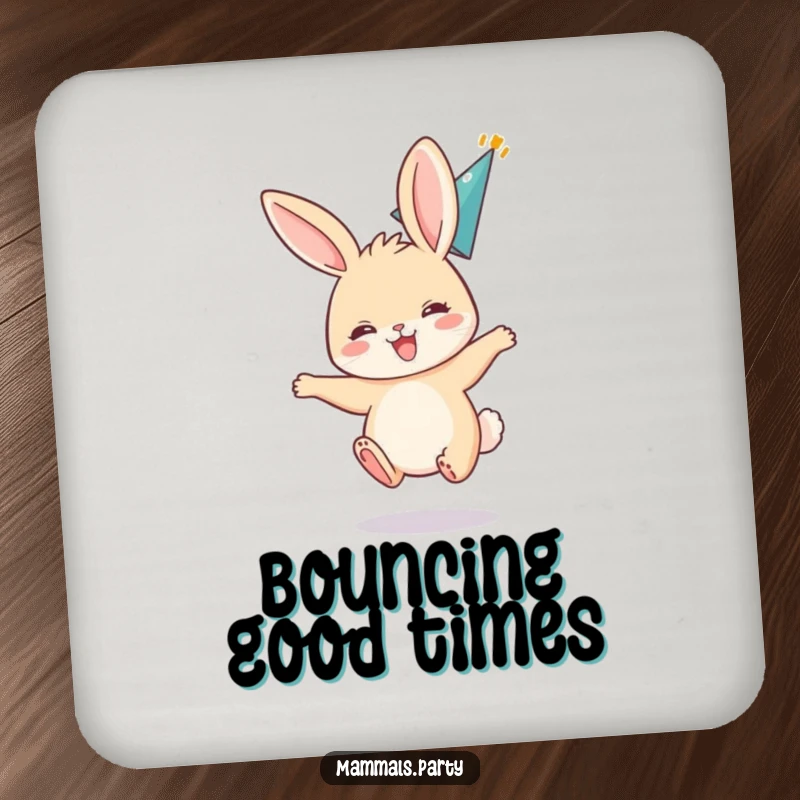 Funny drink coaster with an excited bunny character bouncing with ears back, wearing a party hat, bringing a festive touch.