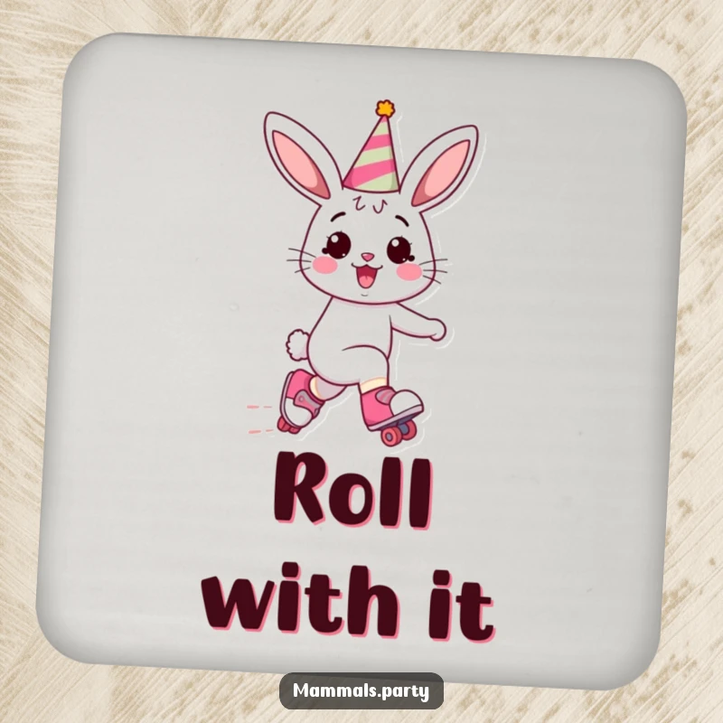 Funny Bunny Coaster: A joyful bunny in a party hat skates with flair on roller skates, bringing festive fun to surface protection.
