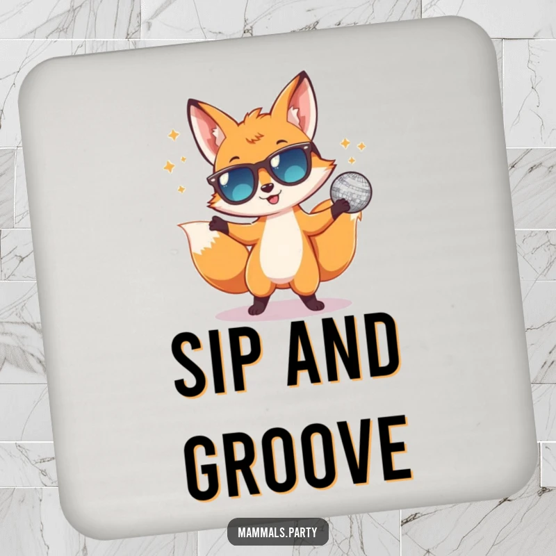 Funny coasters showcasing a dancing fox in sunglasses and a disco ball, protecting drinks with a splash of humorous party style.