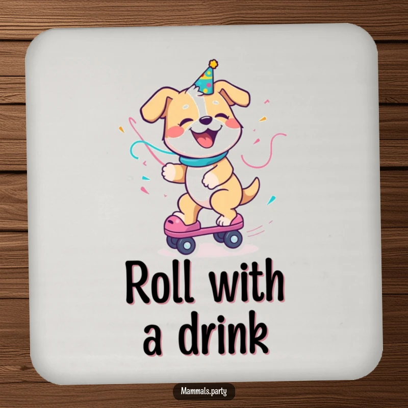Funny Dog Drink Coaster featuring a delighted dog with a party streamer, enthusiastically riding a roller skate, protecting surfaces with fun.