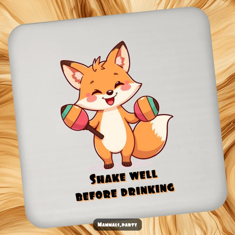 Funny drink coaster featuring a smiling fox character doing a silly dance with oversized maracas, protecting surfaces with humor.