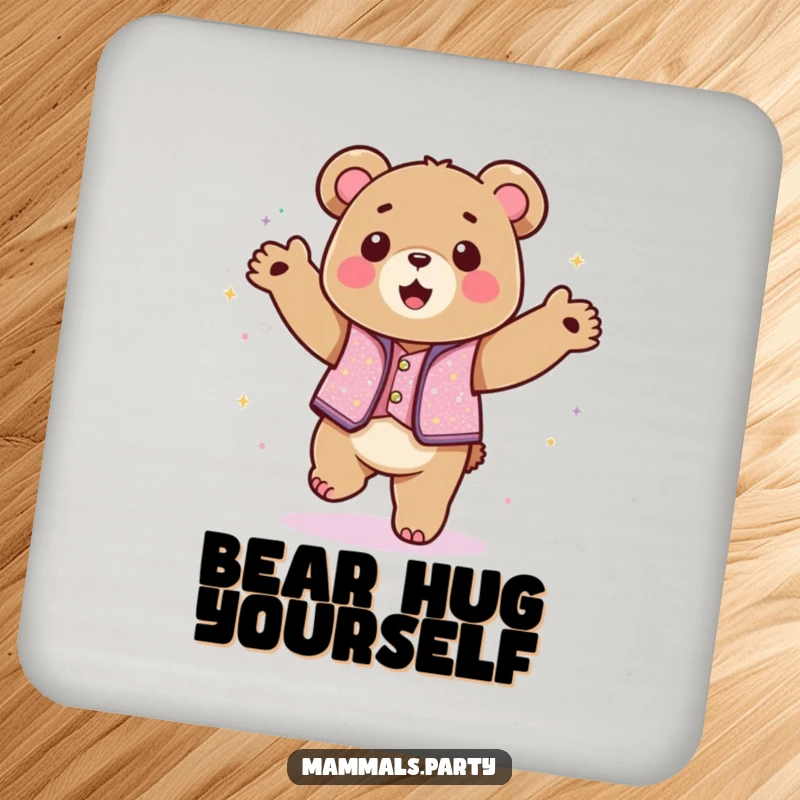 Funny kawaii bear wearing a sparkly vest dancing with abandon on a drink coaster, protecting surfaces with humor and sparkle.
