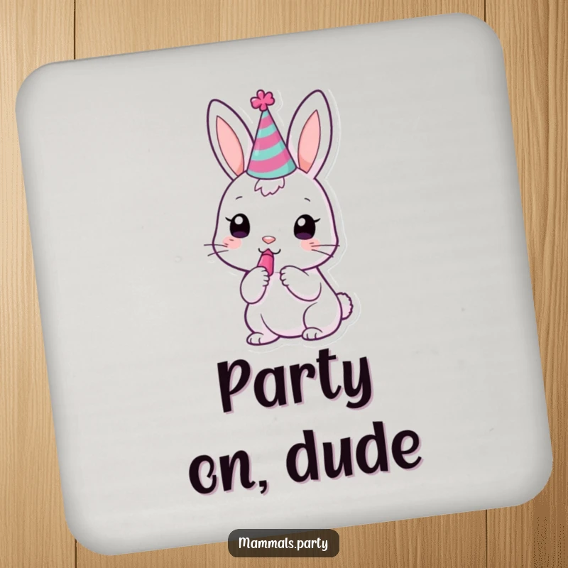 Funny kawaii bunny in a party hat, trying to blow a noisemaker, on protective drink coasters.