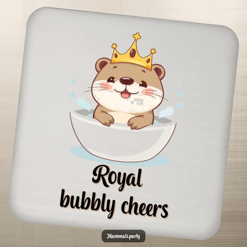 Funny Kawaii Otter wearing a crown, joyfully splashing in a bubbly bath, coasters that bring bath time fun to any surface.