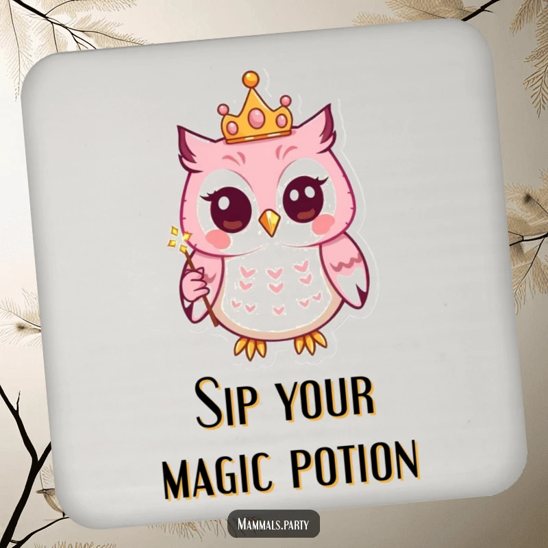 Funny drink coaster featuring a kawaii owl wearing a tiny crown and holding a sparkling wand, perfect for protecting surfaces with magic.