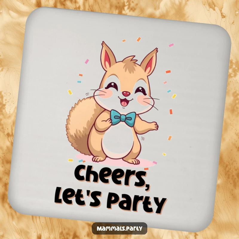 Funny Kawaii Squirrel in a bow tie enthusiastically throwing confetti, these coasters add a touch of playful celebration to any table.