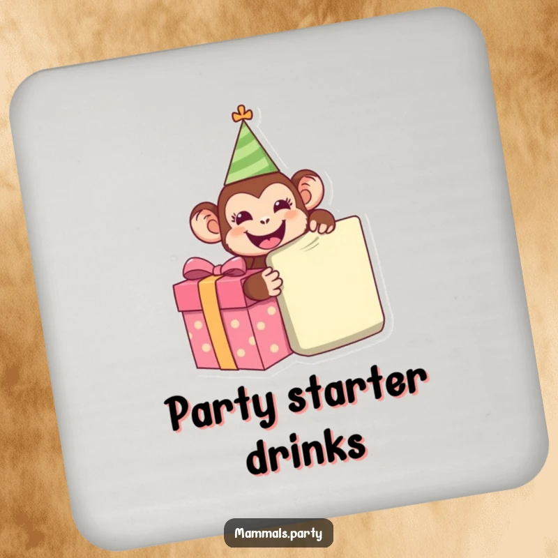 Funny Monkey Drink Coaster featuring a happy monkey in a party hat, eagerly unwrapping a giant present, protecting surfaces with cheer.