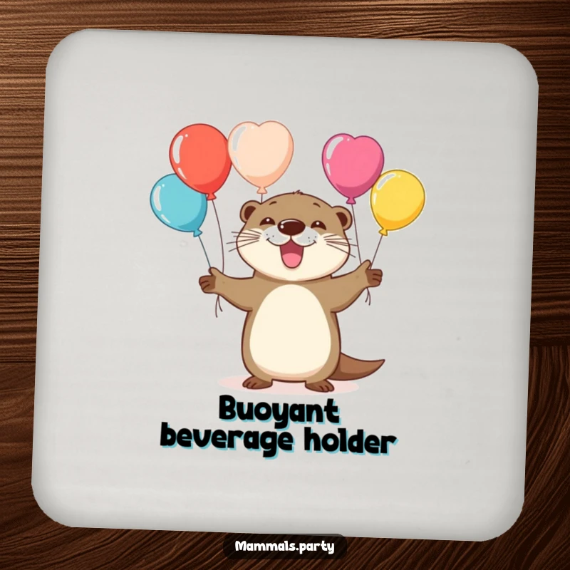 Funny coaster featuring a playful otter character juggling colorful balloons, ready to add some cheer.