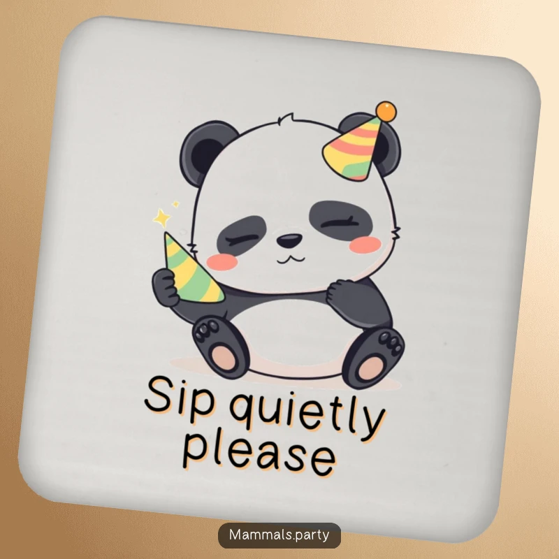 Funny Panda Drink Coaster: A sleepy panda with a mischievous glint holds a party horn, adding playful charm and surface protection.