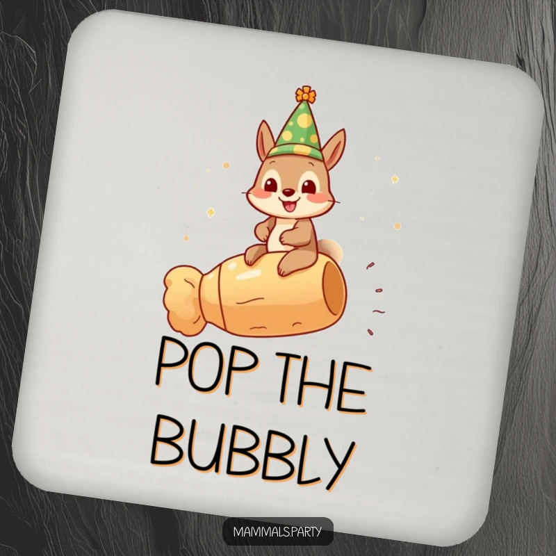 Funny gleeful squirrel coasters, wearing a festive hat and riding a champagne cork, protecting surfaces with festive humor.